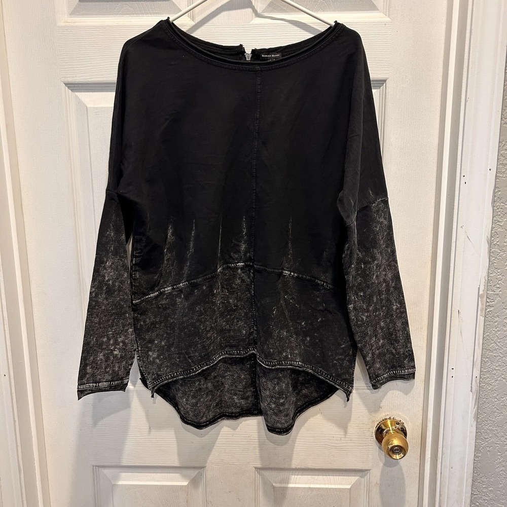 Rebecca Elliot Womens Large Black Acid Wash Long Sleeve High Low Zipper Back Top